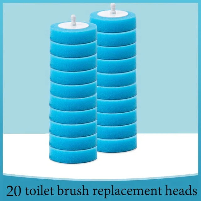 Two stacks of blue toilet brush replacement heads with white centers, 20 pack