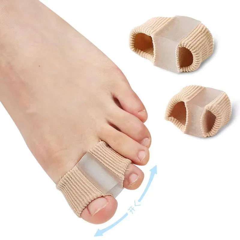 Toe separator and bunion corrector on foot, beige fabric and silicone design for foot care