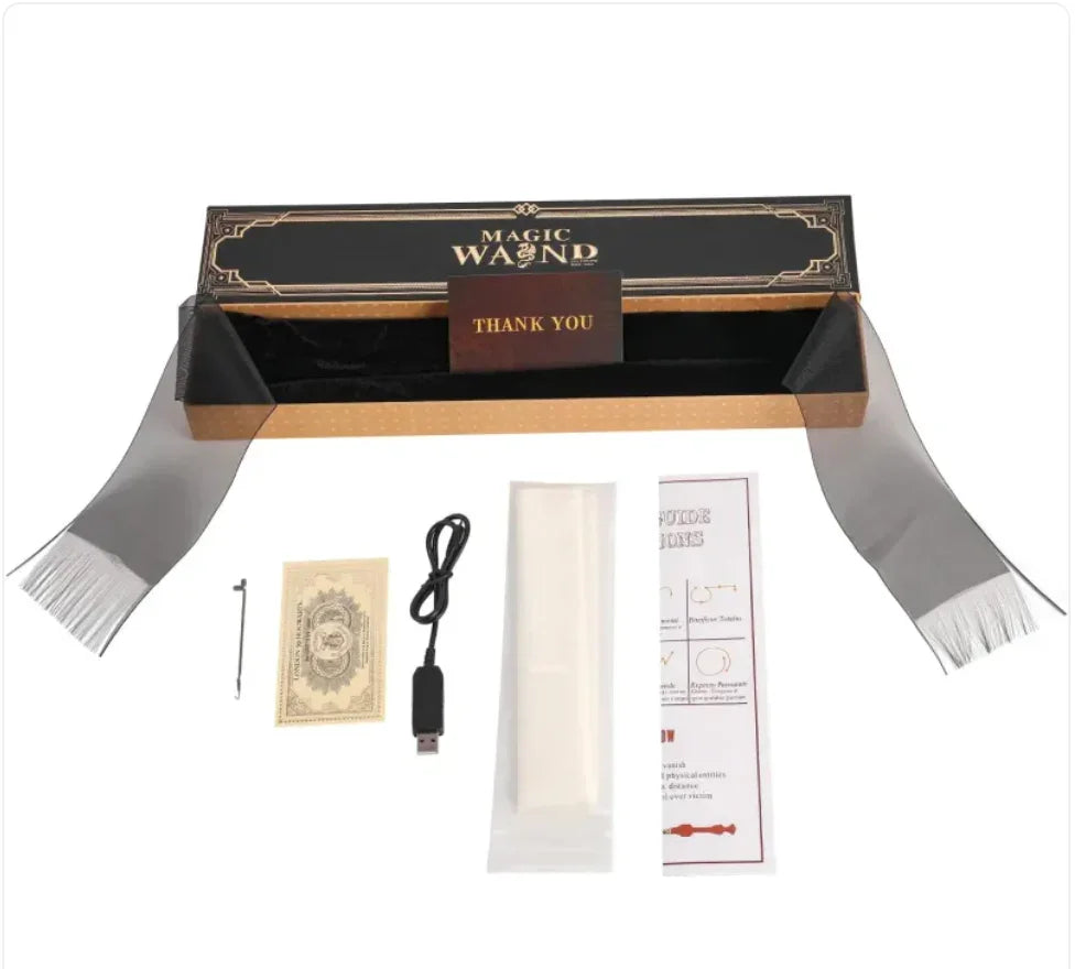 Magic wand set with box, USB charger, instruction guide, and accessories for magic tricks