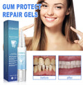 Gum protect repair gel product with smiling woman and before and after teeth results.