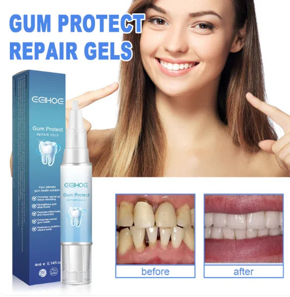 Gum protect repair gel product with smiling woman and before and after teeth results.